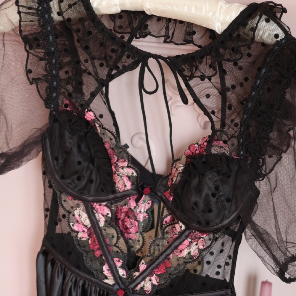 For love & lemonsSheer Mesh & Satin mini dress with Pink Floral Embroidery - Picture 2 of 3